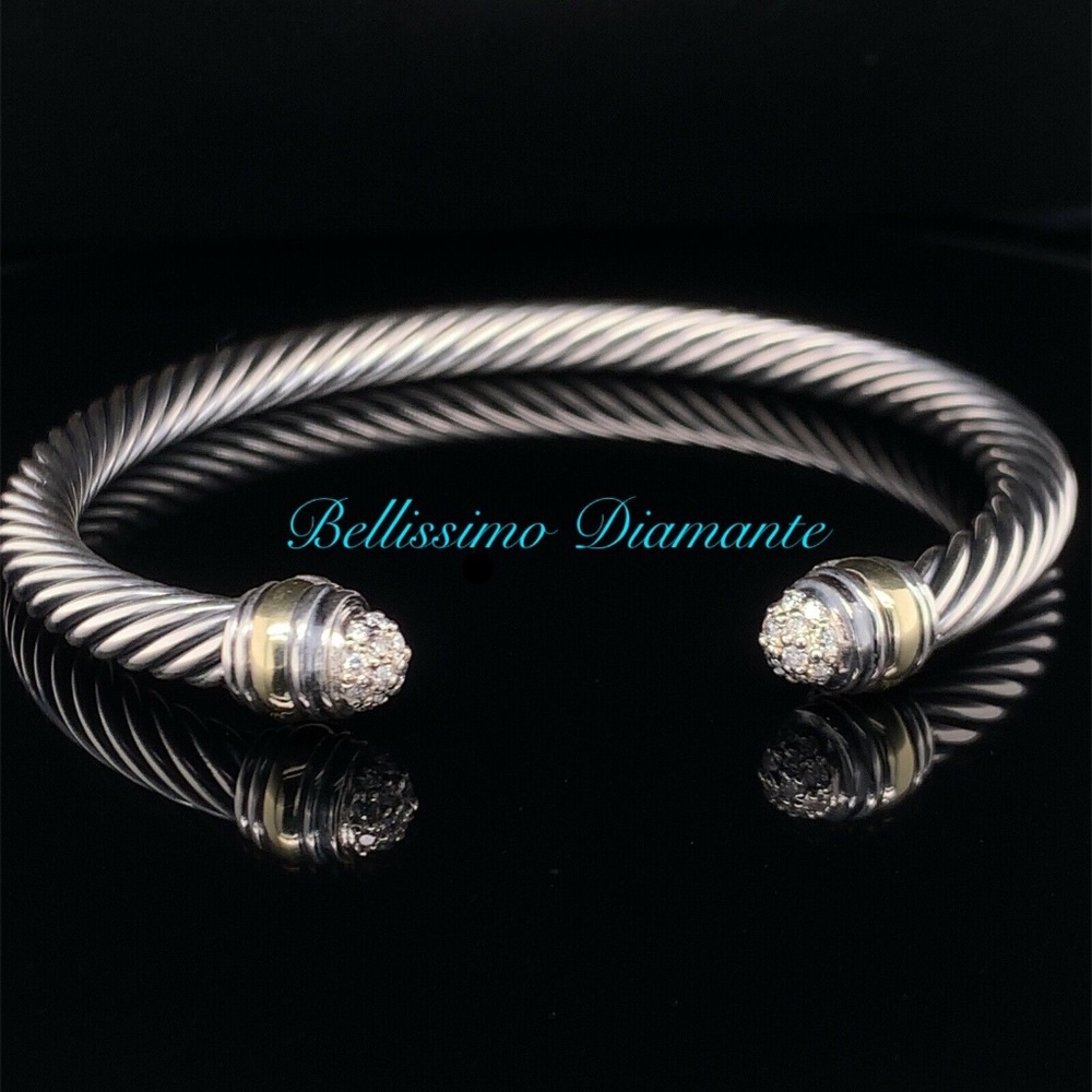 David Yurman Silver & 14k Gold 5mm Cable Cuff Bracelet With Diamonds Tips